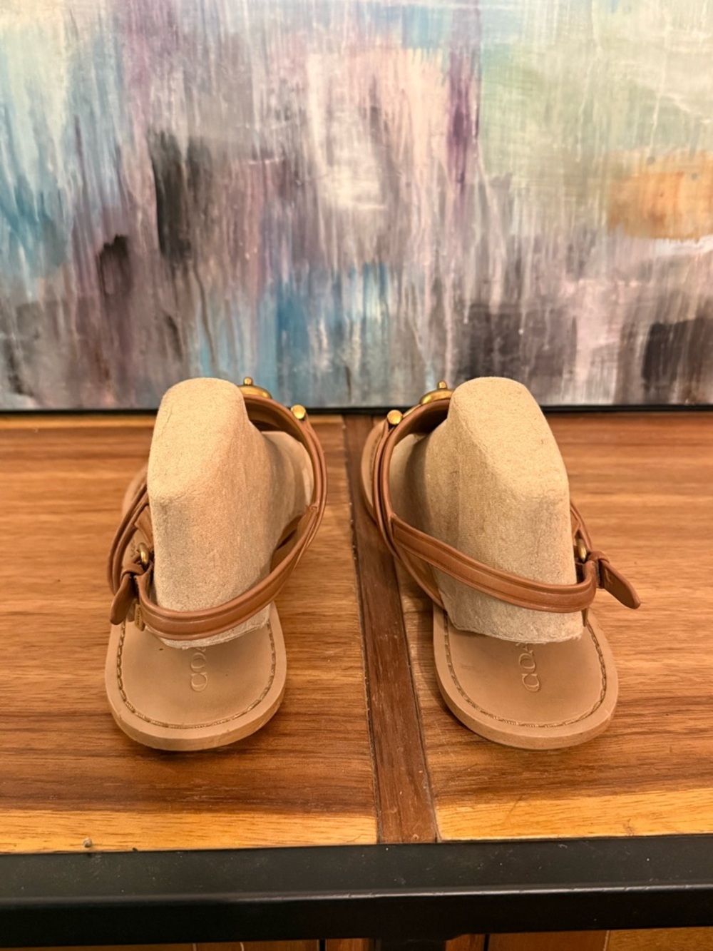 Coach Women’s Candace Tan Leather T-Strap Sandals with Gold Accent - Picture 5 of 9